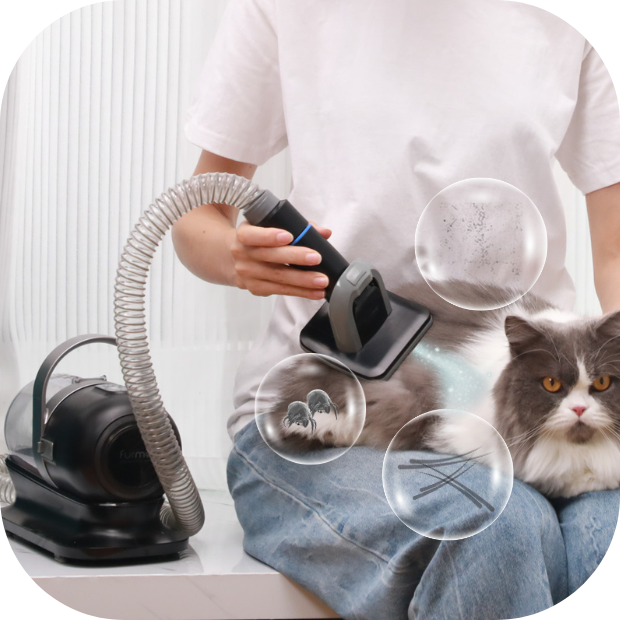capture 99% of bio-waste with furme. Powerful suction captures hair, dander, dust, mites, pollen, and more as you trim, de-shed, or brush out your pet!