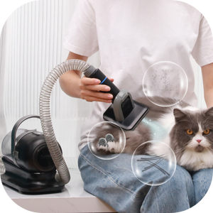 capture 99% of bio-waste with furme. Powerful suction captures hair, dander, dust, mites, pollen, and more as you trim, de-shed, or brush out your pet!
