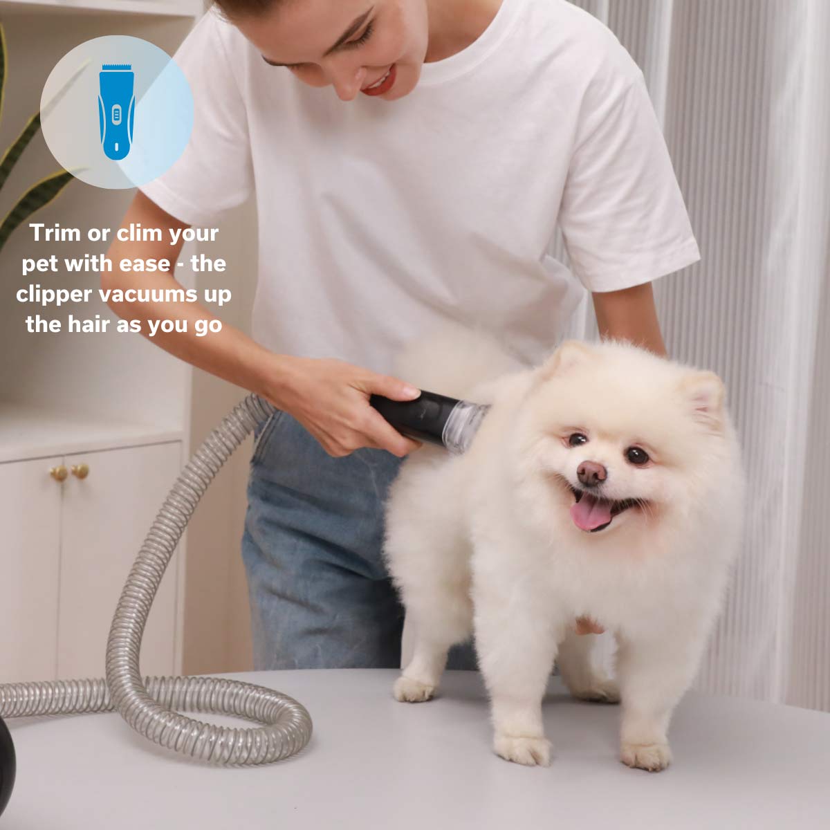 furMe Professional Pet Grooming Vacuum System Grooming Kit comes with all the tools you need to groom your pet at home: grooming brush, de-shedding Brush for undercoat grooming on dogs and cats, AirClipper electric clippers for Dog and Cat hair trimming and clipping, a crevice nozzle head, and a cleaning brush. All of the pet hair you trim or brush gets vacuumed up. 