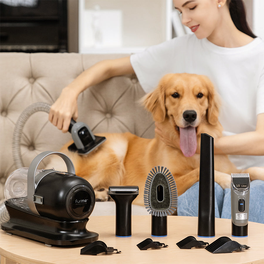 furMe Professional Pet Grooming Vacuum System Grooming Kit comes with all the tools you need to groom your pet at home: grooming brush, de-shedding Brush for undercoat grooming on dogs and cats, AirClipper electric clippers for Dog and Cat hair trimming and clipping, a crevice nozzle head, and a cleaning brush. All of the pet hair you trim or brush gets vacuumed up. 